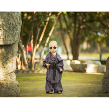 小和尚衣服男童复古中国风棉麻汉服抖音 灰色加佛珠加墨镜黑色腰带