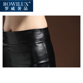 ROWILUX罗威2016春款一步包臀裙 蕾丝绣花皮裙 绵羊皮短裙 皮半身裙 半身裙黑色. L