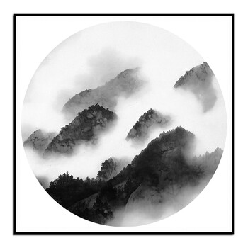 新中式装饰画客厅玄关墙画意境山水画水墨风景挂画三联布艺壁画圆 a款