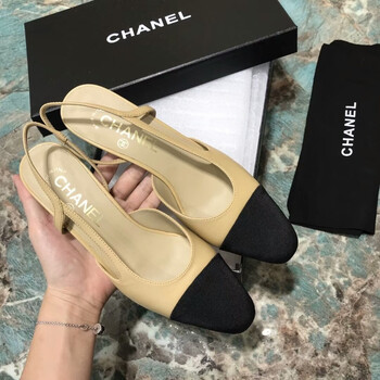 代购chanel/香奈儿女鞋新款夏季中跟拼色单鞋羊皮包头女凉鞋 杏色 36