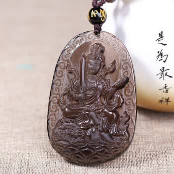 文殊菩萨吊坠生肖属兔本命佛天然冰种黑曜石新款守护神项链 珠链款