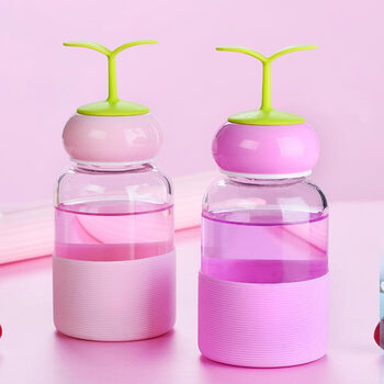 便携玻璃杯创意小草茶杯带盖学生儿童水杯可爱防漏随手杯迷你 紫色