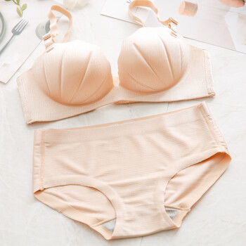 贝壳半杯无钢圈文胸套装聚拢 少性感小胸罩深v学生内衣 肤色(套装)