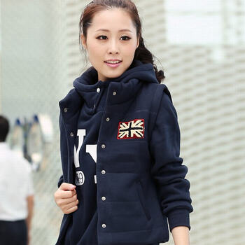 咿咕 秋冬新款韩版卫衣三件套男女加绒加厚运动服 休闲情侣装马甲外套运动裤 班服 蓝色 M