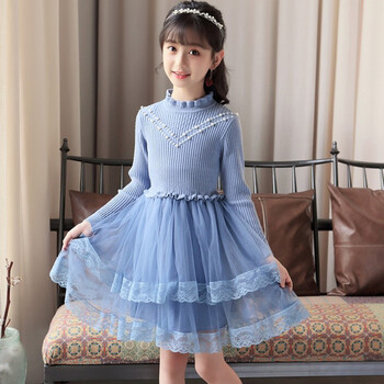 毛衣连衣裙2018新款秋冬装儿童韩版小女孩洋气针织公主纱裙子 浅蓝色