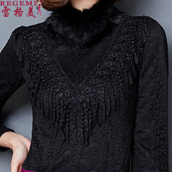 雷格美 2016秋冬季新款蕾丝衫女秋加绒加厚高领打底衫女时尚修身上衣女 黑色 L