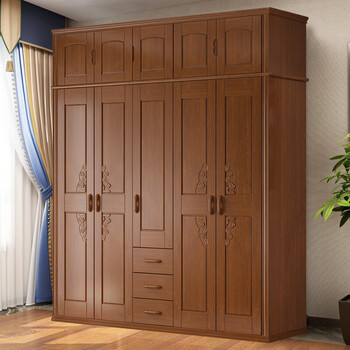 新中式3/4/5/6开门橡木大衣橱简约现代组装木质四五六门 实木衣柜