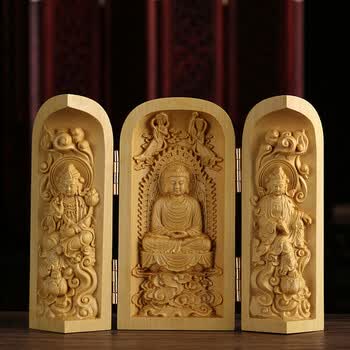 極上質 西方三聖 黄楊木 木彫り 実木 彫刻 工芸品 置物 精密細工★黄楊木y 西方三圣木雕三开盒- 京东