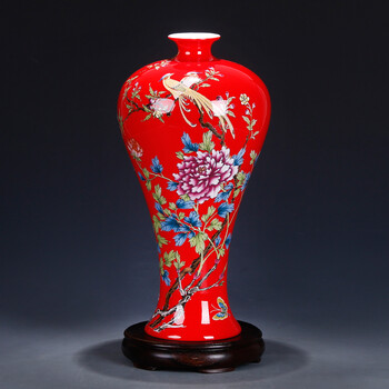 一代宗师 湖南省陶瓷艺术大师 张震作品 小美人瓶 红色 绶带鸟