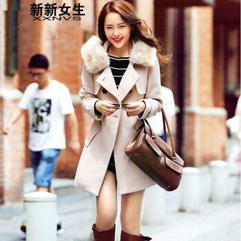 新新女生  双排扣毛领连帽毛呢外套大衣秋冬女装OL气质时尚 M
