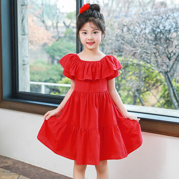 连衣裙2018新款韩版中大童一字领露肩大摆裙荷叶边公主裙sn2893 红色