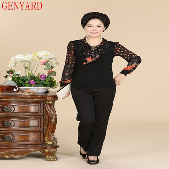 GENYARD2015中老年女装秋装新款雪纺印花长袖女妈妈装上衣 黑色 XXL