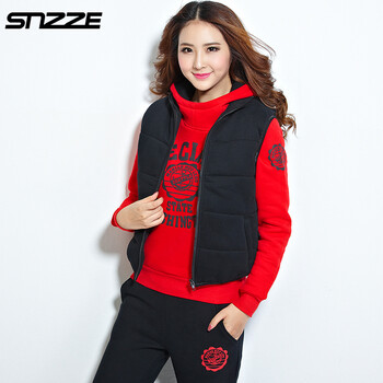 SNZZE 2015秋冬装季新款外套加绒连帽套头卫衣三件套加厚大码韩版休闲运动服套装女装 红黑色  M