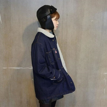 【阿美氏】JQ1/955女装羊羔绒牛仔大外套风衣.秋冬复古宽松翻领长袖.加大码加绒加厚长款 图片色 L码/大码