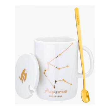 星座陶瓷杯子带盖勺马克杯个性水杯情侣咖啡杯办公室茶杯 水瓶座(白)