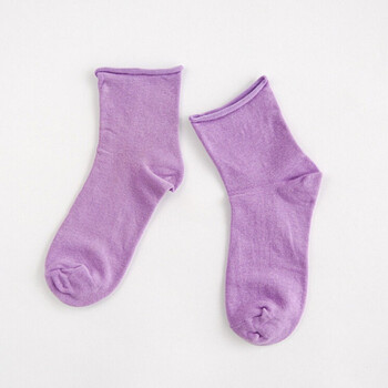 袜女春秋薄彩色袜子女韩国学院风潮日系糖果色卷边百搭中筒袜 浅紫色