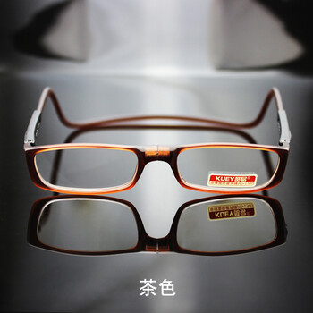 老花镜男女时尚超轻 老人舒适磁铁挂脖折叠高清老光老花眼镜 茶色 150
