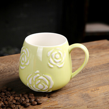 浮雕玫瑰花杯陶瓷马克杯色釉水杯带盖勺 现货 浅黄色单杯 301-400ml