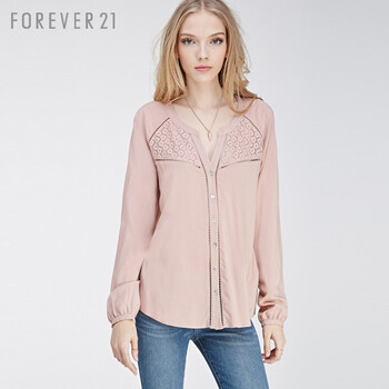 FOREVER21 花朵钩针拼接长袖衬衫 淡紫色 S