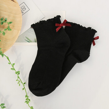 短筒袜子女士四季款脚后跟露蝴蝶结棉 黑色 均码