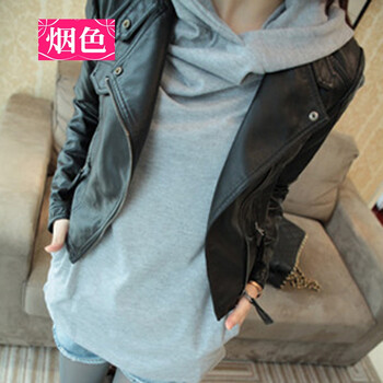 斯番陈 皮衣女短款修身2014秋装新款女装 欧美显瘦修身机车服小皮衣 长袖短款皮夹克外套潮 黑色 M