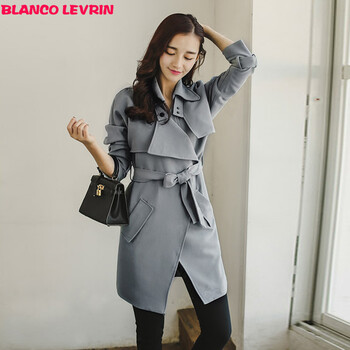 BLANCO LEVRIN2015秋装上新韩版修身中长款系带风衣外套女1950 灰蓝色 M
