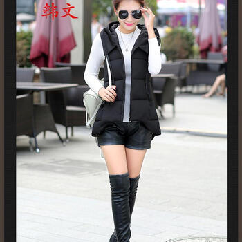 韩文2015秋冬新款羽绒棉服连帽外套马夹中长款背心马甲女潮 黑色 XL