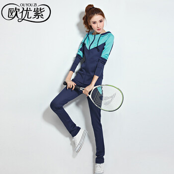 欧优紫2015秋款女装休闲拼色卫衣套装Y8070 宝蓝色 M