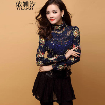 依澜汐　2015秋冬装新款长袖蕾丝衫韩版大码女装t恤小衫打底衫修身上衣潮9137 蓝色 XL(110-120斤)