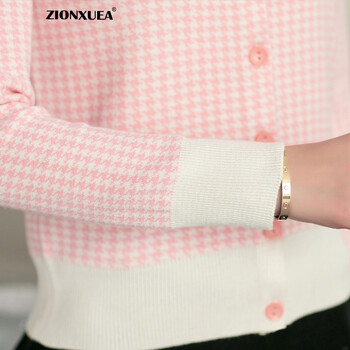 ZIONXUEA 春季上新针织衫女 欧美风千鸟格短款针织开衫小外搭毛衣女 千鸟粉 均码