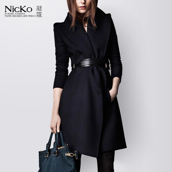 Nicko/凝蔻收腰羊毛呢子大衣女中长款2015秋冬欧洲站品牌大翻领职业毛呢外套加厚014 藏蓝色 L