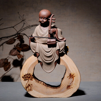 品摆件纯手工紫砂小和尚茶室茶台摆设吹拉弹唱小沙弥茶宠 拉 静思底座