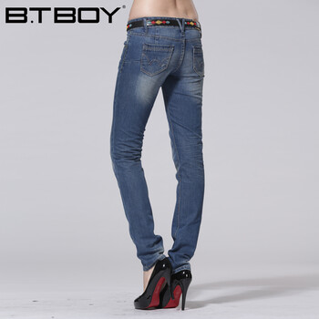 
                                        BTBOY/棒球小子 女裤子 女式窄脚长裤 中腰浅蓝休闲牛仔裤深色 深蓝 27码                