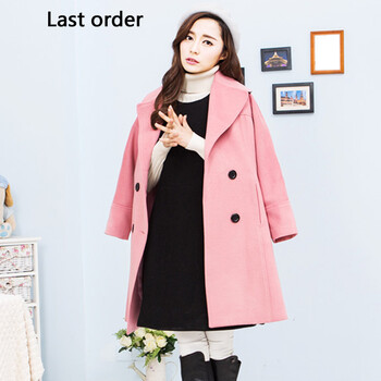 Last Order2015新款韩版中长款毛呢大衣女外套女 粉红色 L