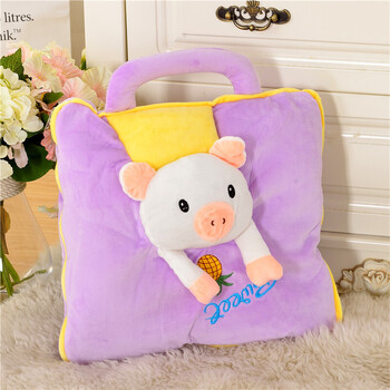 多功能手拎式抱枕毯 学生白领教室办公室多用抱枕靠垫 紫猪 抱枕36*36