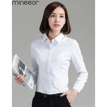 
                                        mineeor2017春装新品衬衫女长袖韩版女装百搭纯色镂空花边袖立领打底 长袖-白色 M                