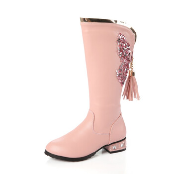 女童高筒靴子冬季韩版儿童长靴水钻公主加绒棉靴中大童雪地靴 粉色 35