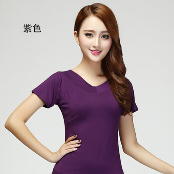跳舞广场舞上衣短袖新款练功服小衫舞蹈女v领拉丁舞 紫色短袖 xl