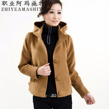 职业阿玛施特品牌女装正品2015秋冬装新款韩版长袖加厚保暖羊毛毛呢短外套妈妈装连帽OL上装 灰色 4码/L 重120