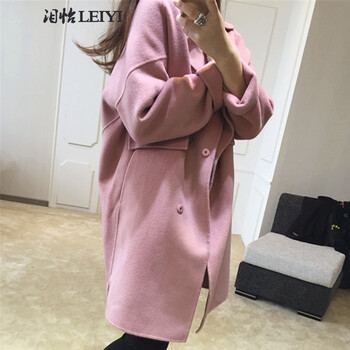 泪怡LY2015秋冬季女装新款毛呢大衣女 韩版中长款双面呢毛呢外套女羊毛呢子大衣女895 藕粉色 XL
