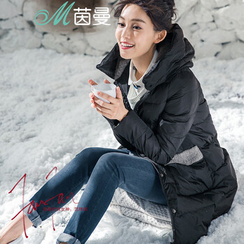 茵曼范玮琪毛织连帽长款保暖羽绒服女中长款【8541210052】 黑色 xl