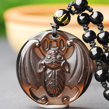 藏琅珠宝真正开光天然冰种黑曜石蝙蝠挂坠 男女吊坠饰品 配饰毛衣链