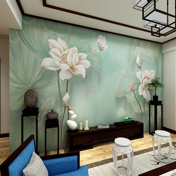 中式淡雅荷花电视背景墙壁纸书房壁画影视墙墙纸定制无纺布墙布 本一