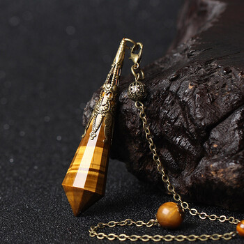 灵摆占卜吊坠能量石水晶灰月光粉紫白茶黄蓝砂黑曜石灵摆项链 虎眼石