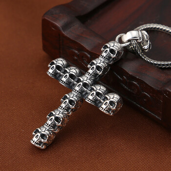 s925纯银复古泰银个性潮人流行朋克霸气骷髅头十字架吊坠士挂坠 单