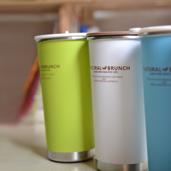 oneday咖啡杯子 创意带盖办公杯随手水杯子 不锈钢双层淡彩杯400ml 淡蓝色