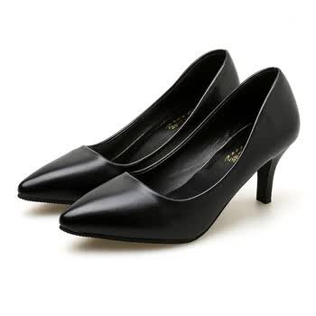 工作鞋女黑色职业鞋软皮工作鞋女黑色高跟鞋尖头女皮鞋浅口软皮细跟