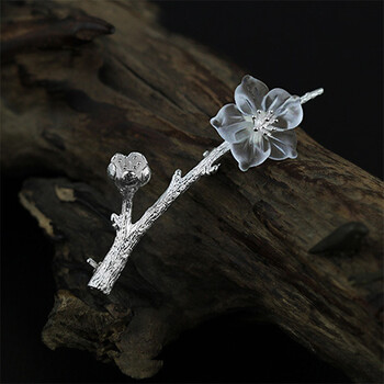 创意湾 925银一树梨花压海棠仿真雕刻银胸针 时尚亮白款