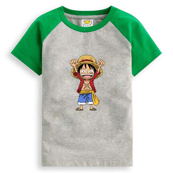 童装路飞男童短袖t恤海贼王休闲儿童t恤小孩宝宝夏装 绿袖灰衣 100cm