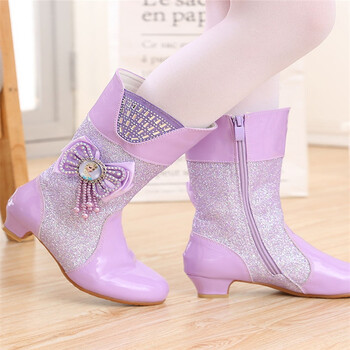 儿童靴子女孩8-9-10岁新款女童冬秋季水钻靴子爱莎公主二棉小高跟加绒